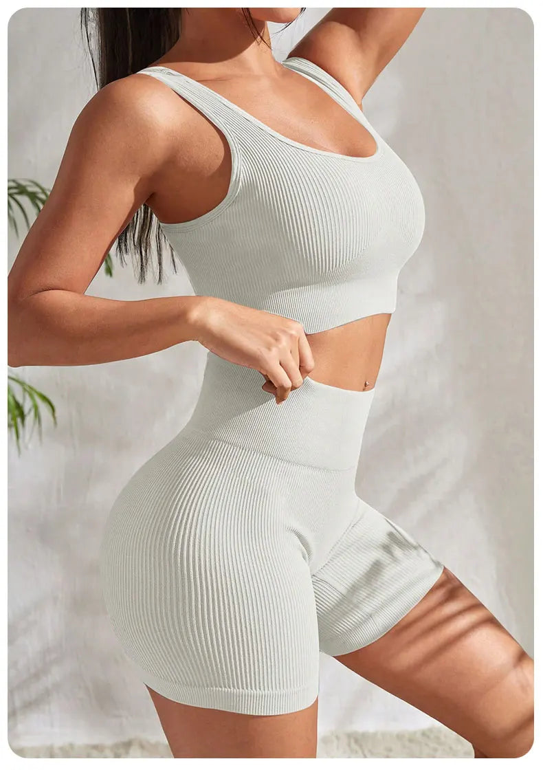 Seamless Ribbed Yoga Sets Workout Sets for Women 2 Pieces Gym Suits Ribbed Crop Tank High Waist Shorts Outfits Fitness Running