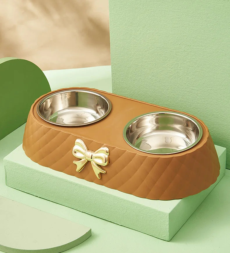 Pet Supplies Bow-tie Bowknot Cats Food Bowl PP Base Dog Bowl Stainless Steel Double Pet Accessories Feeding Drinking Double Bowl