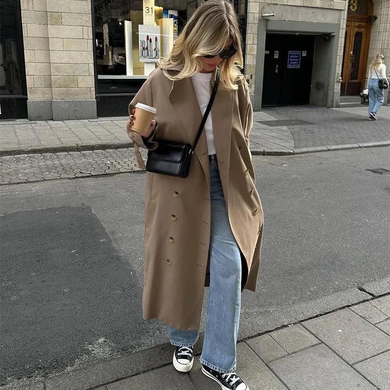 Elegant Lapel Long Trench Coat For Women Solid Double Breasted Full Sleeve Urban Windbreaker 2024 Casual Lady Commute Outerwears