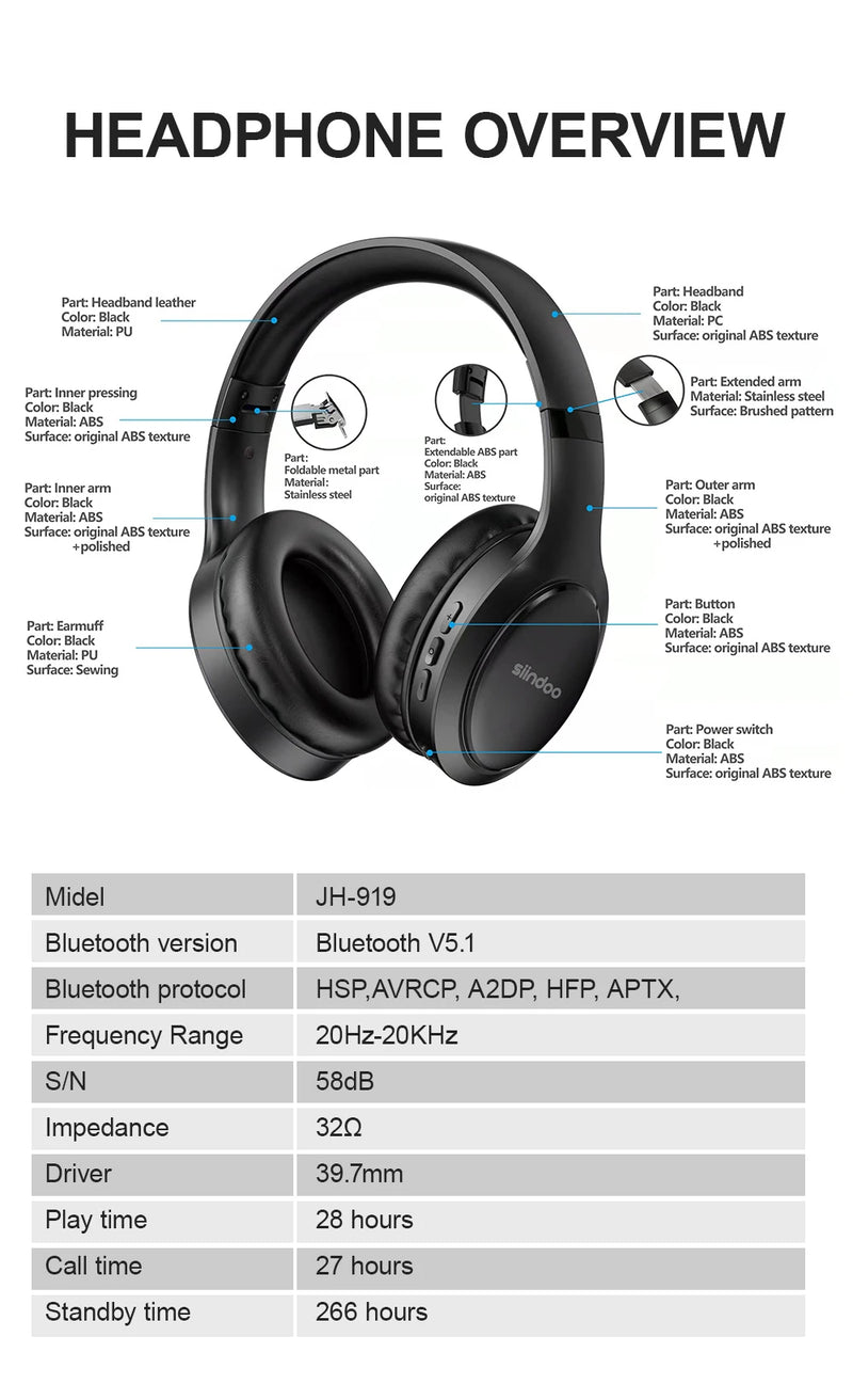 Siindoo JH-919 Wireless Bluetooth Headphones Foldable Stereo Earphones Super Bass Noise Reduction Mic For Iphone Laptop PC TV