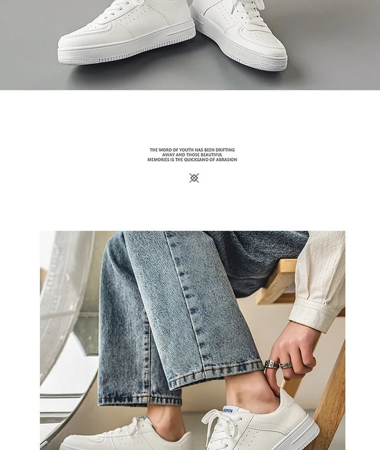 Little White Shoes Mens Summer Soft Leather Breathable Teen Casual Versatile Mens Shoes Lace-up Student Pure White Sneaker Shoes