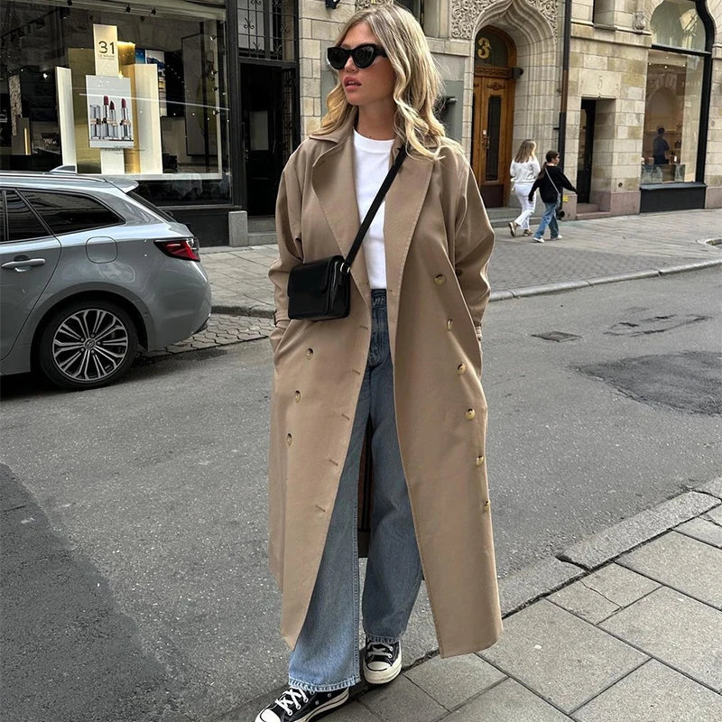 Elegant Lapel Long Trench Coat For Women Solid Double Breasted Full Sleeve Urban Windbreaker 2024 Casual Lady Commute Outerwears