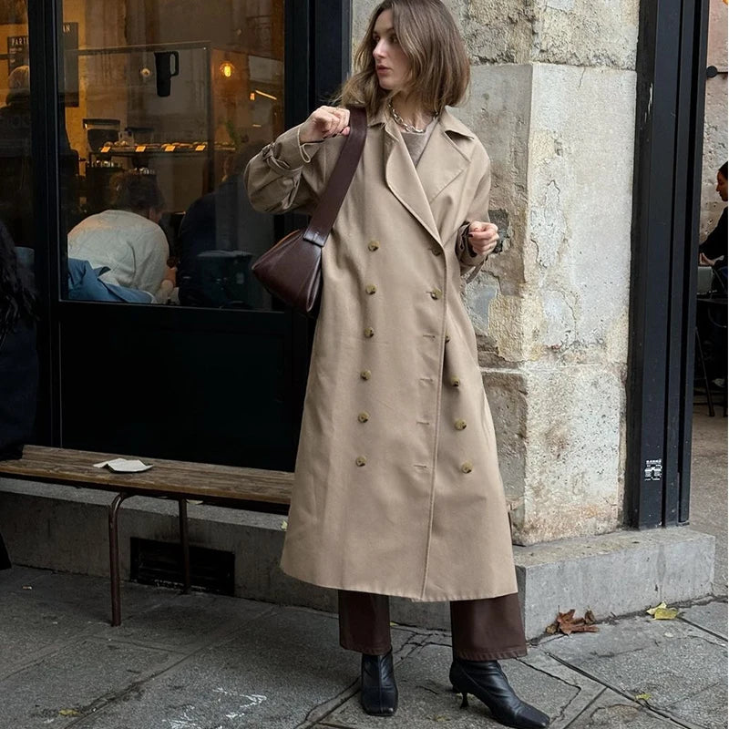 Elegant Lapel Long Trench Coat For Women Solid Double Breasted Full Sleeve Urban Windbreaker 2024 Casual Lady Commute Outerwears