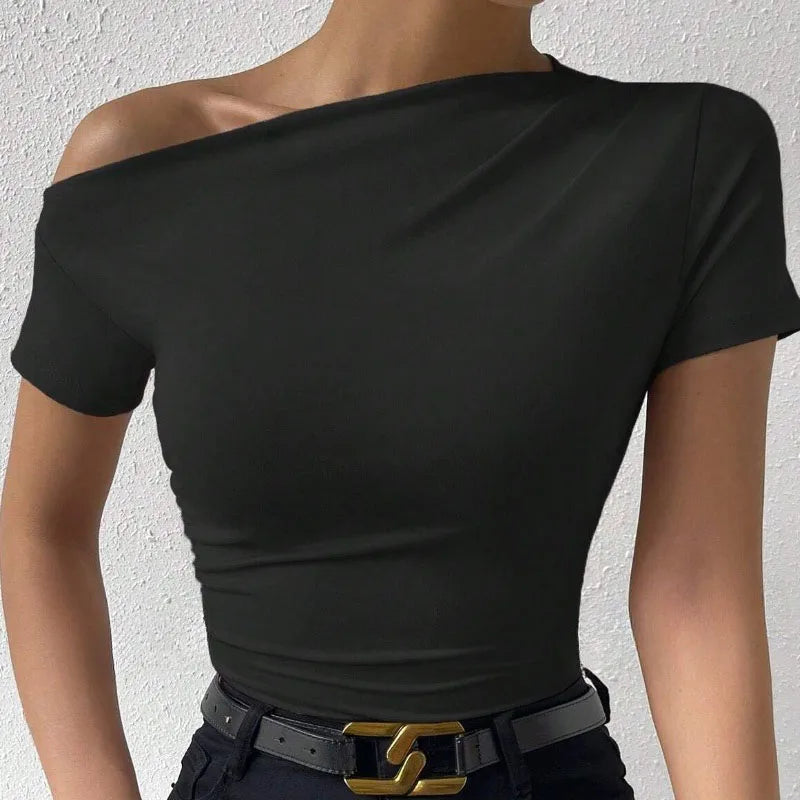 Solid One Shoulder T-shirt, Elegant Short Sleeve Ruched Top For Spring & Summer, Women's Clothing