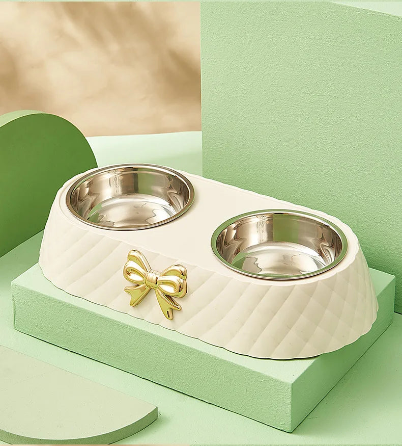 Pet Supplies Bow-tie Bowknot Cats Food Bowl PP Base Dog Bowl Stainless Steel Double Pet Accessories Feeding Drinking Double Bowl