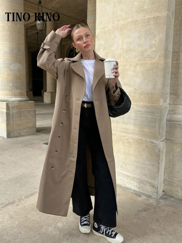 Elegant Lapel Long Trench Coat For Women Solid Double Breasted Full Sleeve Urban Windbreaker 2024 Casual Lady Commute Outerwears