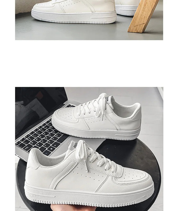 Little White Shoes Mens Summer Soft Leather Breathable Teen Casual Versatile Mens Shoes Lace-up Student Pure White Sneaker Shoes