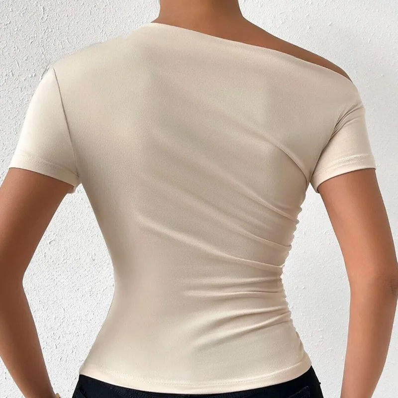 Solid One Shoulder T-shirt, Elegant Short Sleeve Ruched Top For Spring & Summer, Women's Clothing