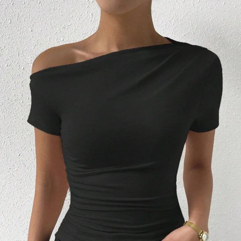 Solid One Shoulder T-shirt, Elegant Short Sleeve Ruched Top For Spring & Summer, Women's Clothing