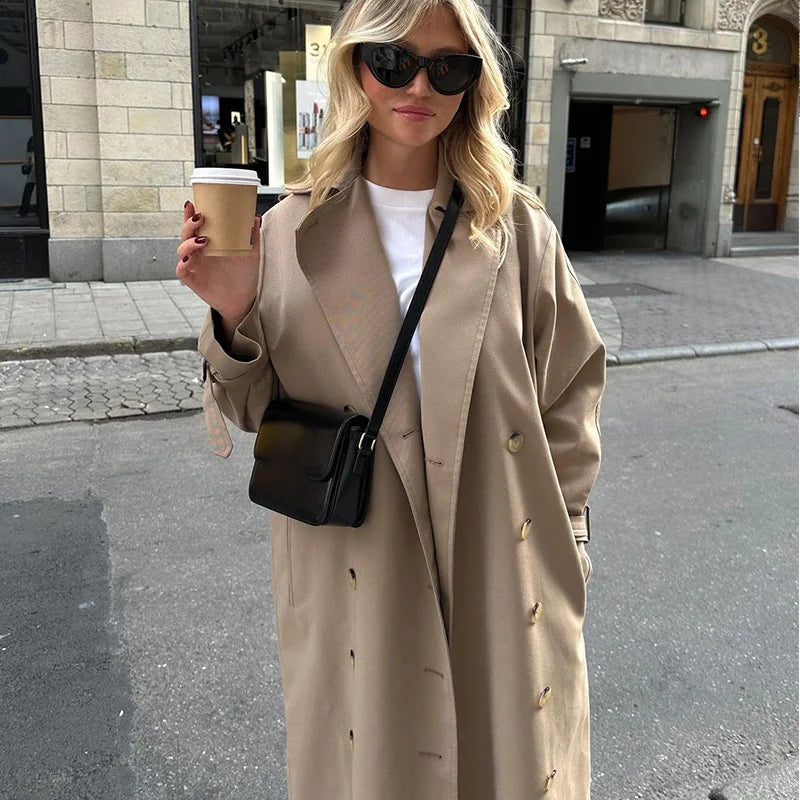 Elegant Lapel Long Trench Coat For Women Solid Double Breasted Full Sleeve Urban Windbreaker 2024 Casual Lady Commute Outerwears