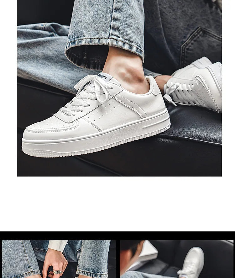 Little White Shoes Mens Summer Soft Leather Breathable Teen Casual Versatile Mens Shoes Lace-up Student Pure White Sneaker Shoes