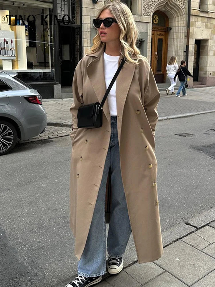 Elegant Lapel Long Trench Coat For Women Solid Double Breasted Full Sleeve Urban Windbreaker 2024 Casual Lady Commute Outerwears