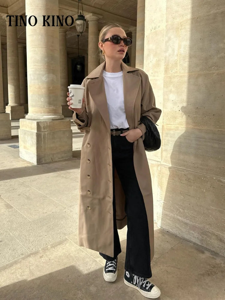 Elegant Lapel Long Trench Coat For Women Solid Double Breasted Full Sleeve Urban Windbreaker 2024 Casual Lady Commute Outerwears