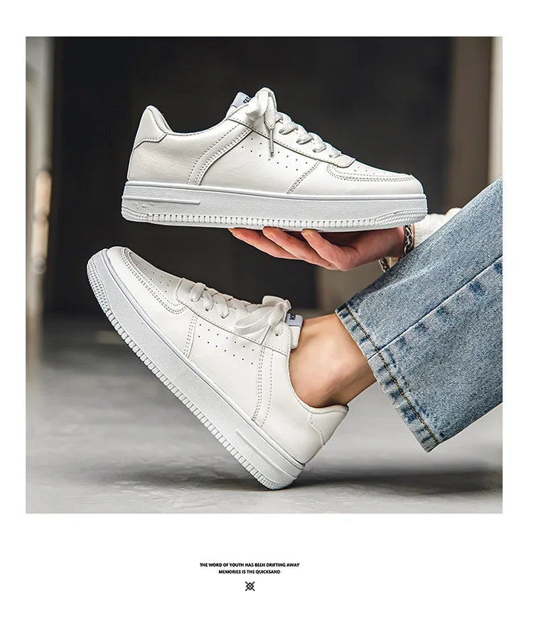 Little White Shoes Mens Summer Soft Leather Breathable Teen Casual Versatile Mens Shoes Lace-up Student Pure White Sneaker Shoes