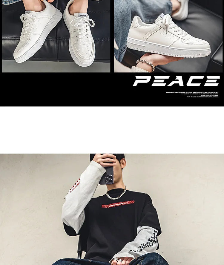 Little White Shoes Mens Summer Soft Leather Breathable Teen Casual Versatile Mens Shoes Lace-up Student Pure White Sneaker Shoes