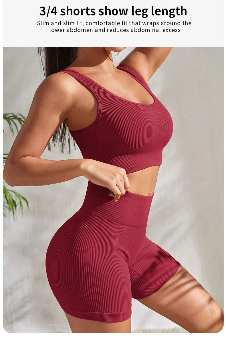 Seamless Ribbed Yoga Sets Workout Sets for Women 2 Pieces Gym Suits Ribbed Crop Tank High Waist Shorts Outfits Fitness Running