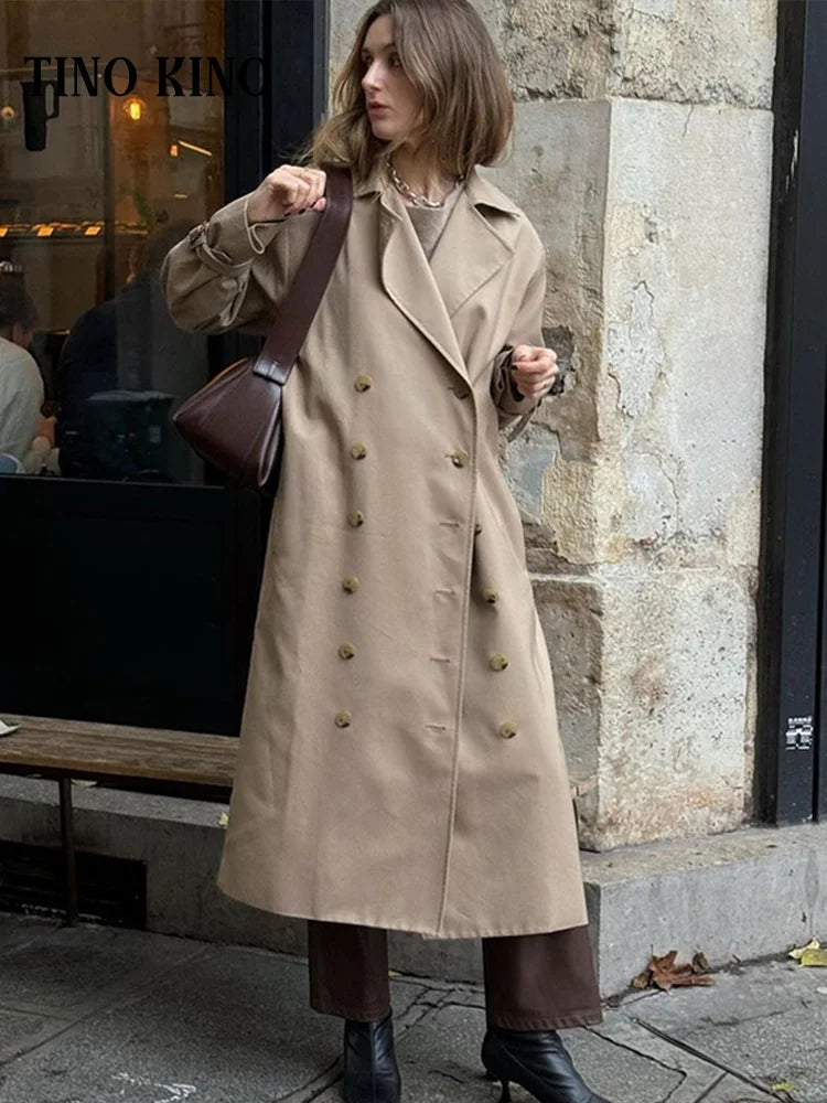 Elegant Lapel Long Trench Coat For Women Solid Double Breasted Full Sleeve Urban Windbreaker 2024 Casual Lady Commute Outerwears