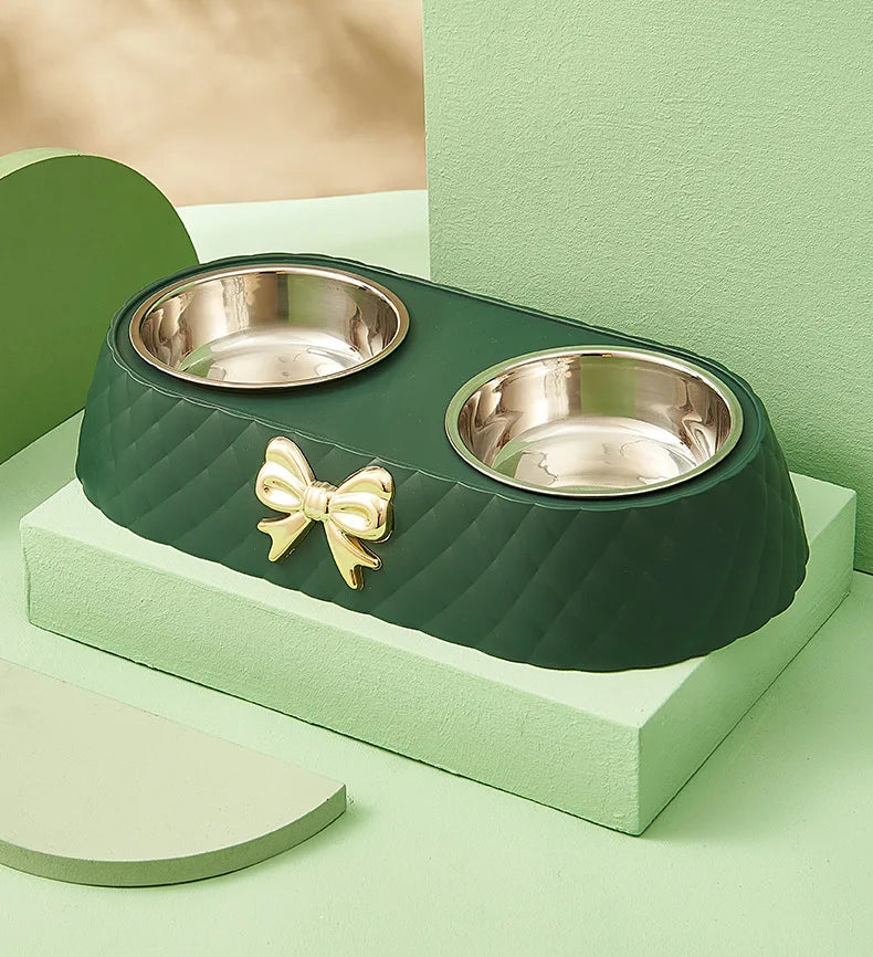 Pet Supplies Bow-tie Bowknot Cats Food Bowl PP Base Dog Bowl Stainless Steel Double Pet Accessories Feeding Drinking Double Bowl