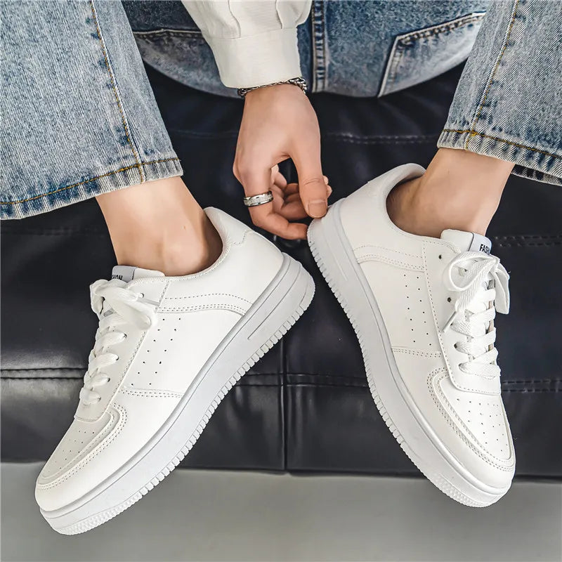 Little White Shoes Mens Summer Soft Leather Breathable Teen Casual Versatile Mens Shoes Lace-up Student Pure White Sneaker Shoes